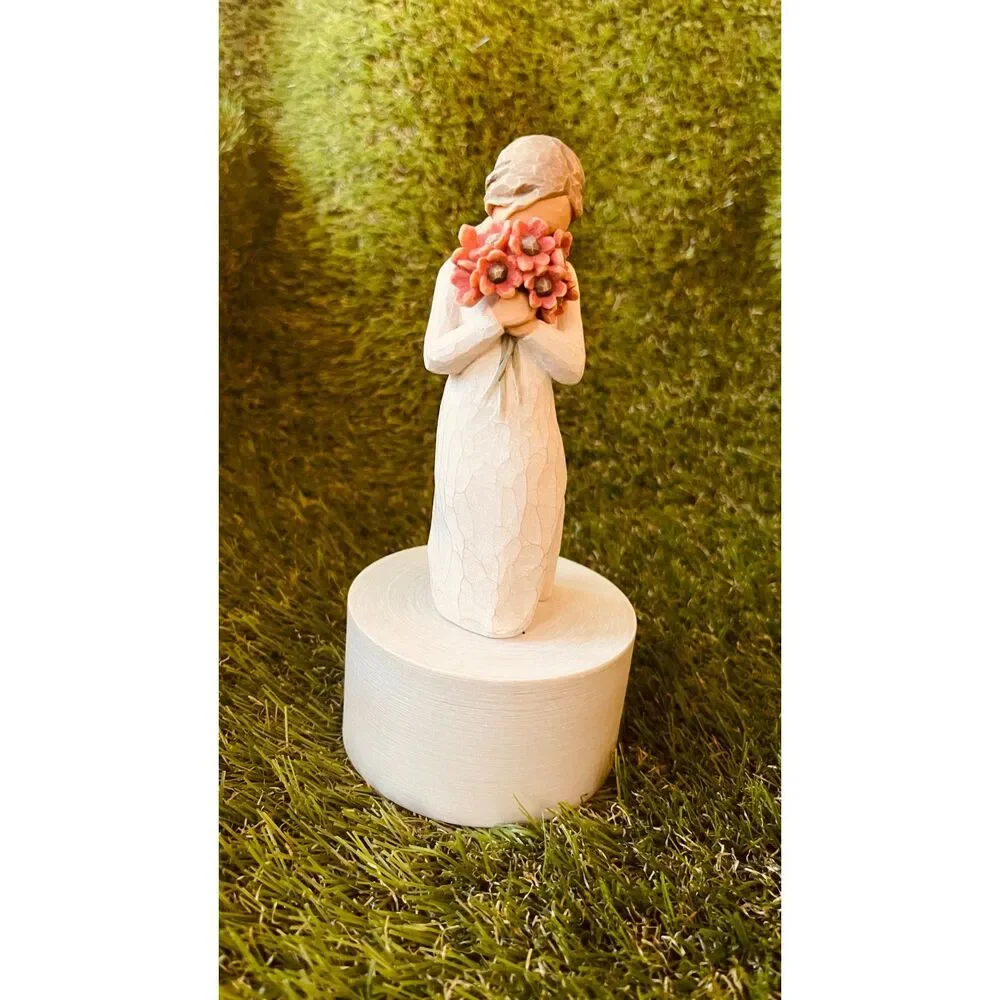 Willow Tree Style Woman Holding Flowers Figurine with Floral Bouquet